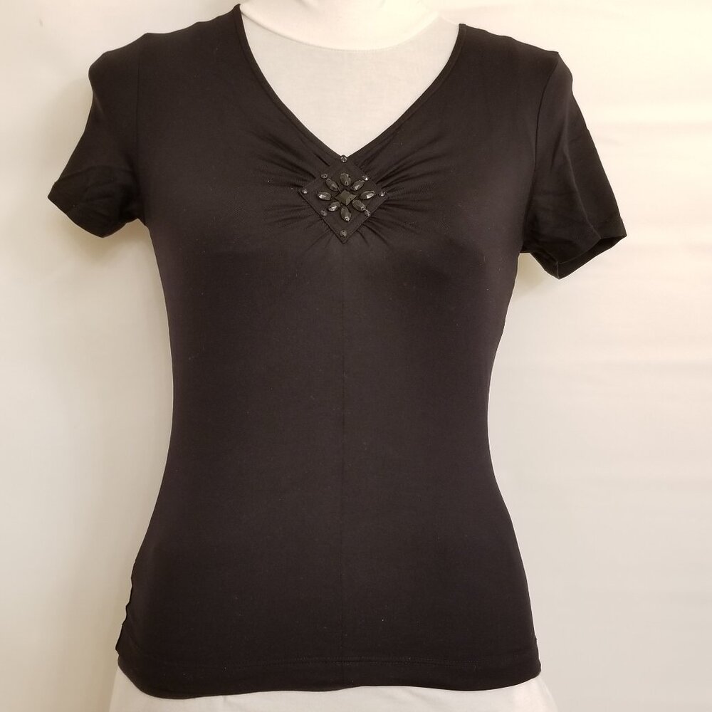 ✅NWOT Classques Entier Jet Black Beaded Star Ruched Bust Stretch Top XS 917STAR